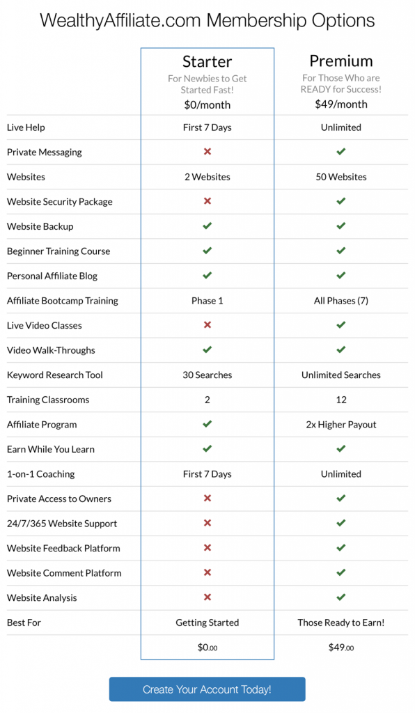 wealthy affiliate membership options