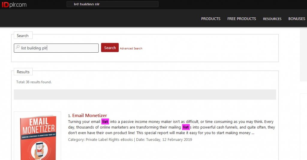 Finding PLR and resell rights products on IDPLR easily using search bar