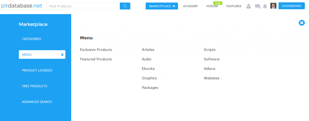 PLR Database Product Menu