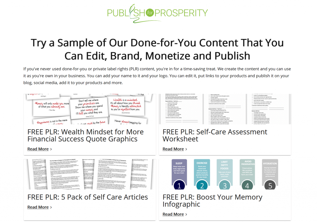 Free Done for You Content with Private Label Rights by Publish for Prosperity